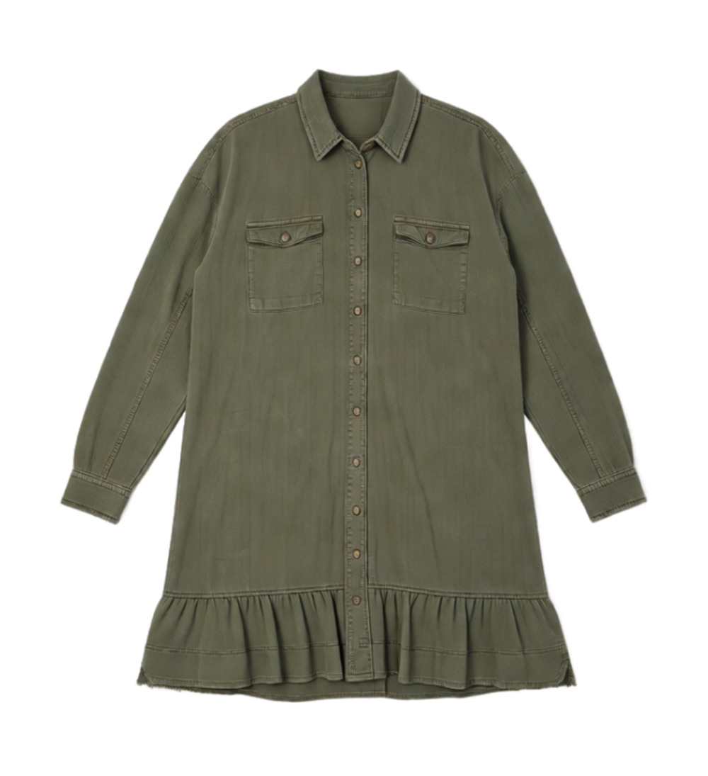 Pilcro Lyocell Olive Green Button Down Tunic Frayed Ruffle Hem S Excellent